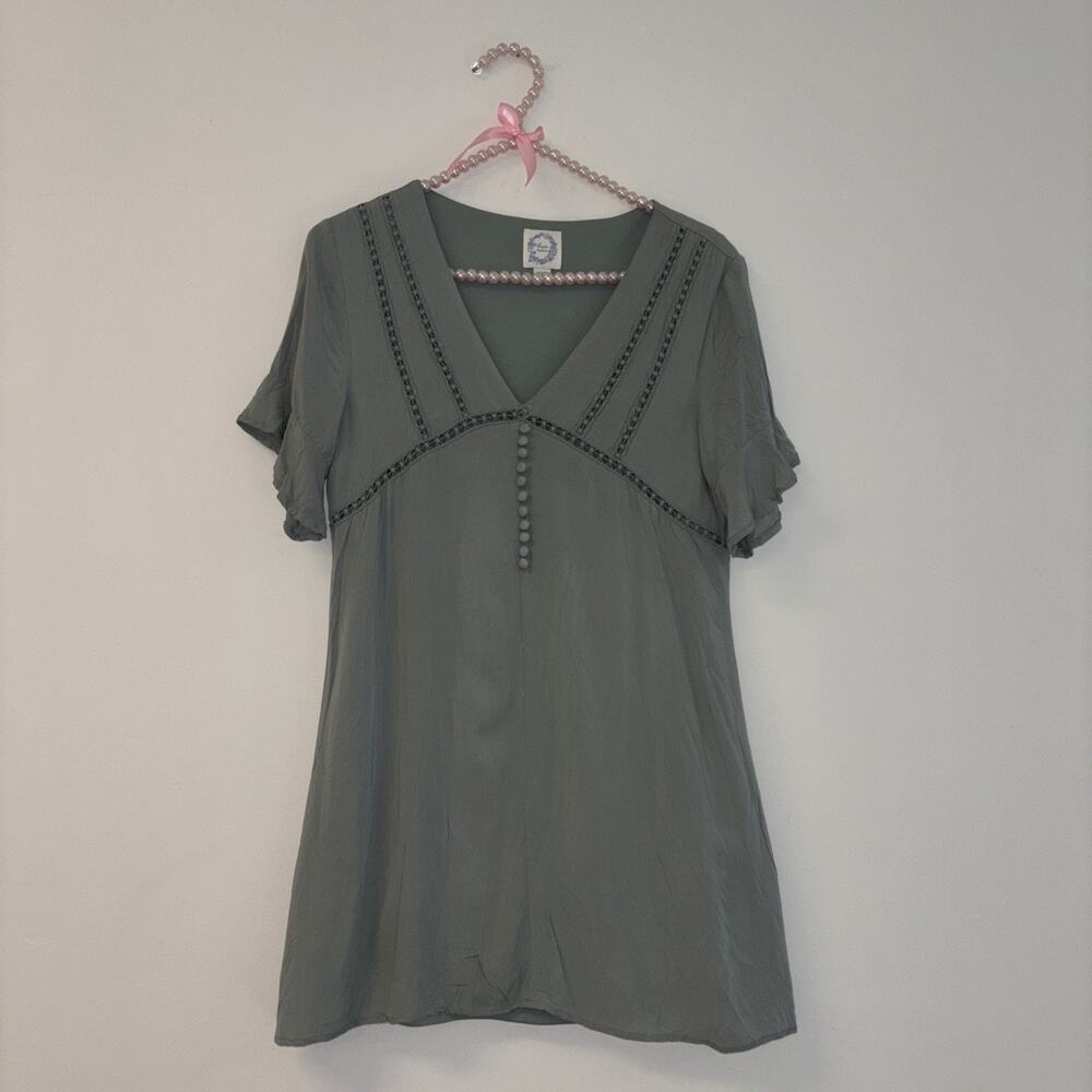 Women’s Sz Xxs Mini Dress‎ Lace Cottage Peasant PrepBabydoll Green Flutter Boho - Picture 2 of 8